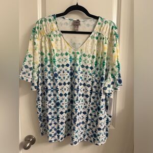 Chico’s Diffused Ombre Ruched Short Sleeve Tee SZ 4 V Neck   Pullover Color Blue